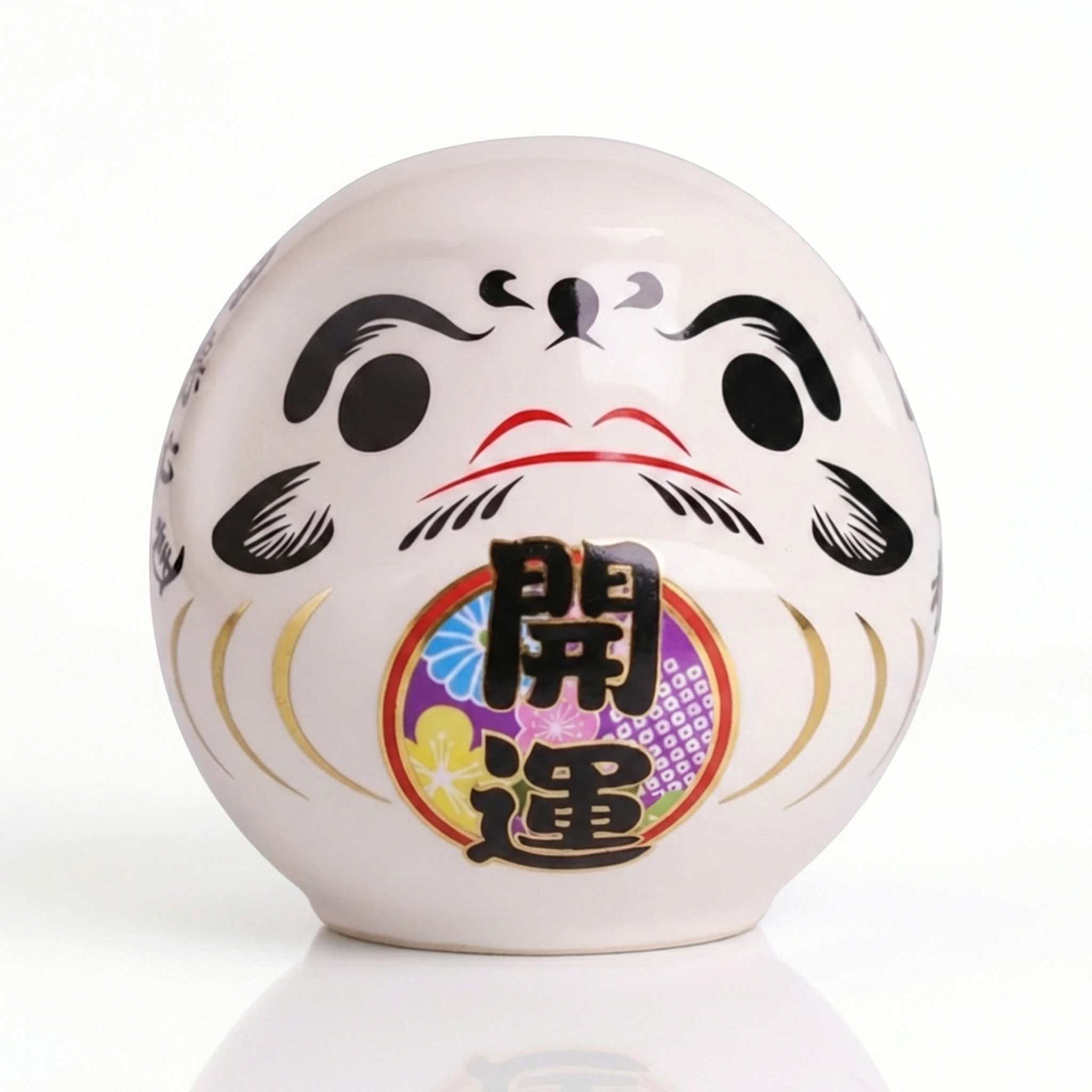 Tirelire Daruma japonais blanc en céramique kanji 開運 pureté
