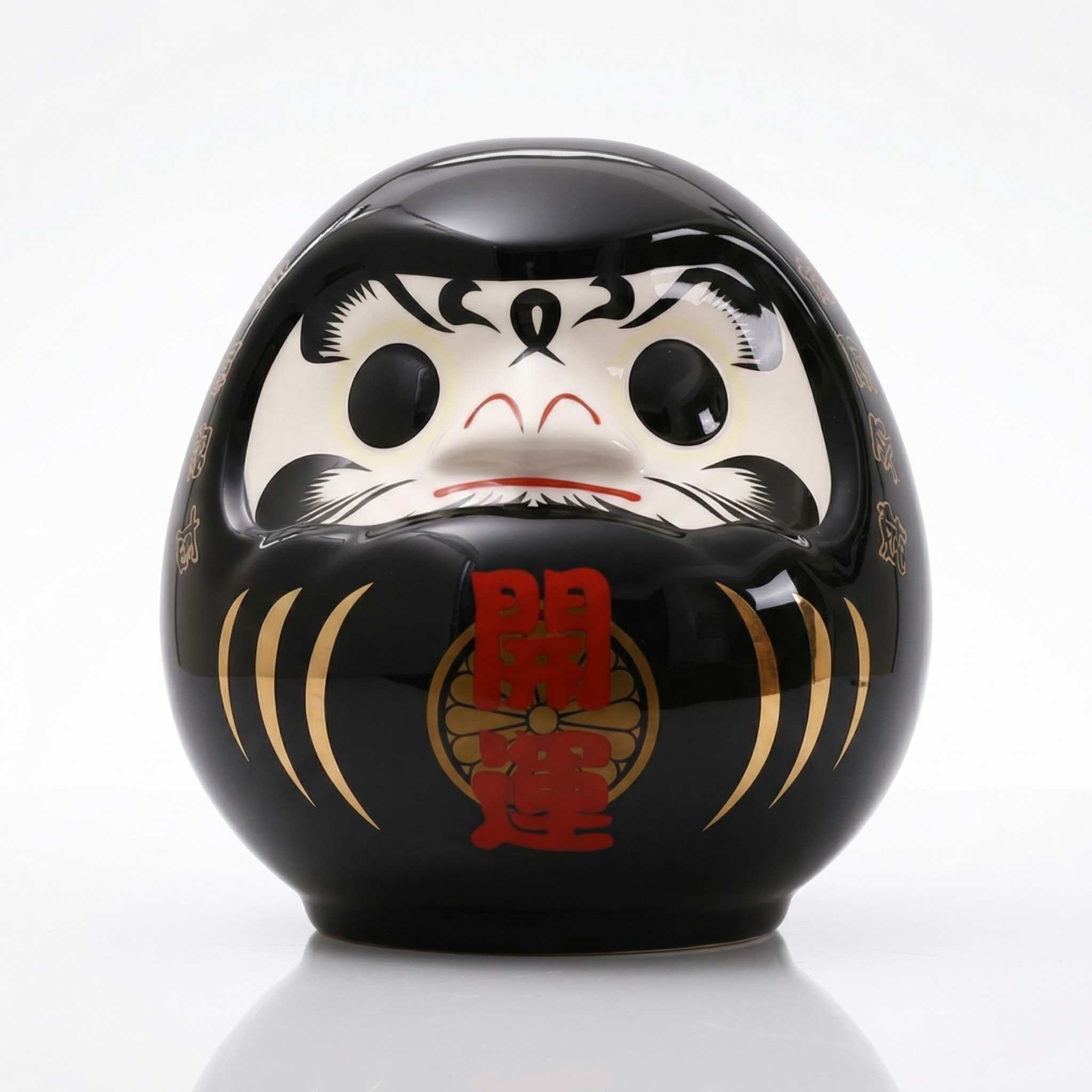 Tirelire Daruma japonais noir en céramique avec kanji 開運 protection et succès