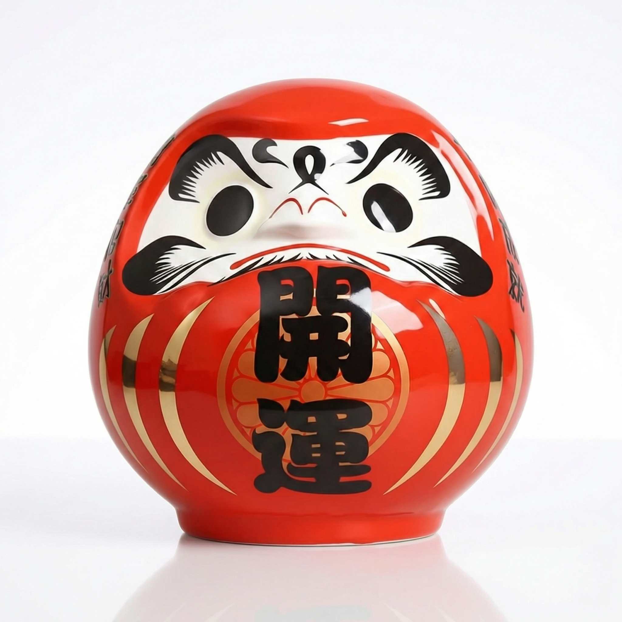 Tirelire Daruma japonais rouge en céramique avec kanji 開運 chance et fortune