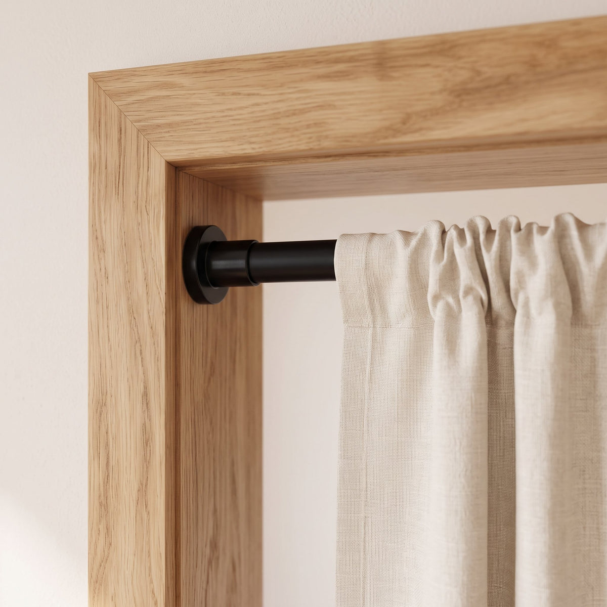 Tringle extensible noire pour noren calée dans un encadrement en chêne, noren froncé